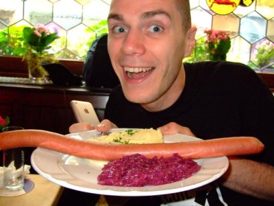 Andrew with a half-metre sausage, found (and eaten) on holiday in Germany recently