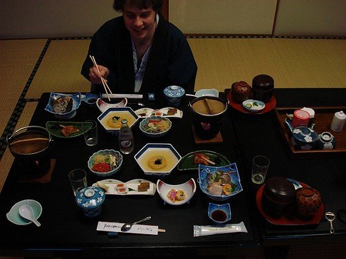Me enjoying a traditional Japanese kaiseki meal in a ryokan somewhere outside Kyoto
